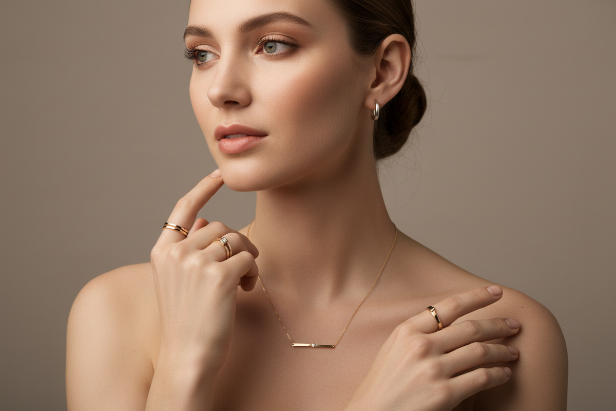 vidéo d'une belle femme portant des bijoux classe et épurés dans le meme theme